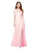 RightBrides Louis Pink Sheath Square Spaghetti Straps Sleeveless Long Bridesmaid Dress