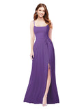 RightBrides Louis Plum Purple Sheath Square Spaghetti Straps Sleeveless Long Bridesmaid Dress