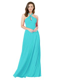 Aqua A-Line Halter Sleeveless Long Bridesmaid Dress Chandler