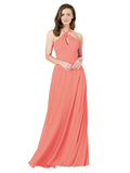 Coral A-Line Halter Sleeveless Long Bridesmaid Dress Chandler