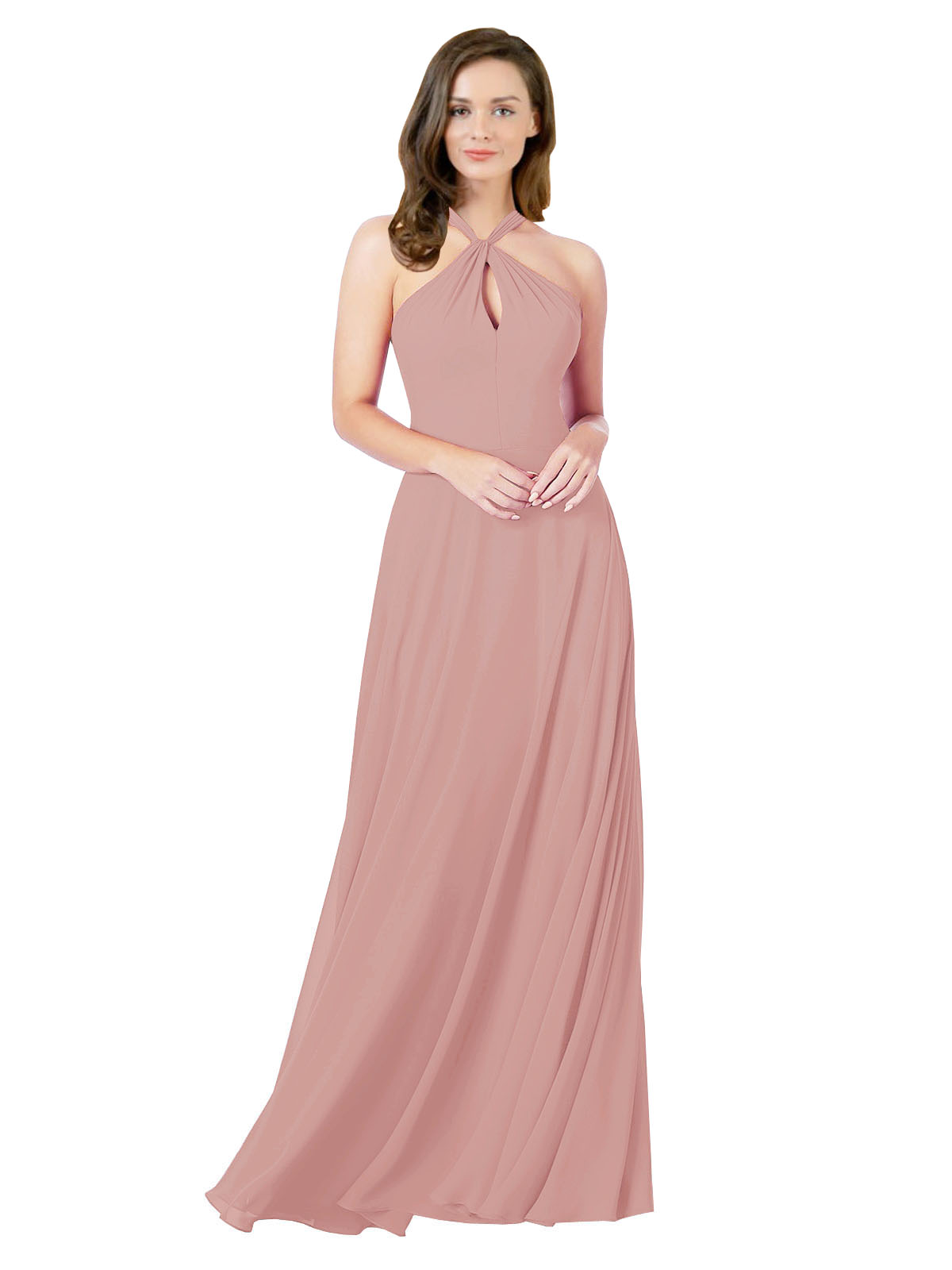 Dusty Pink A-Line Halter Sleeveless Long Bridesmaid Dress Chandler
