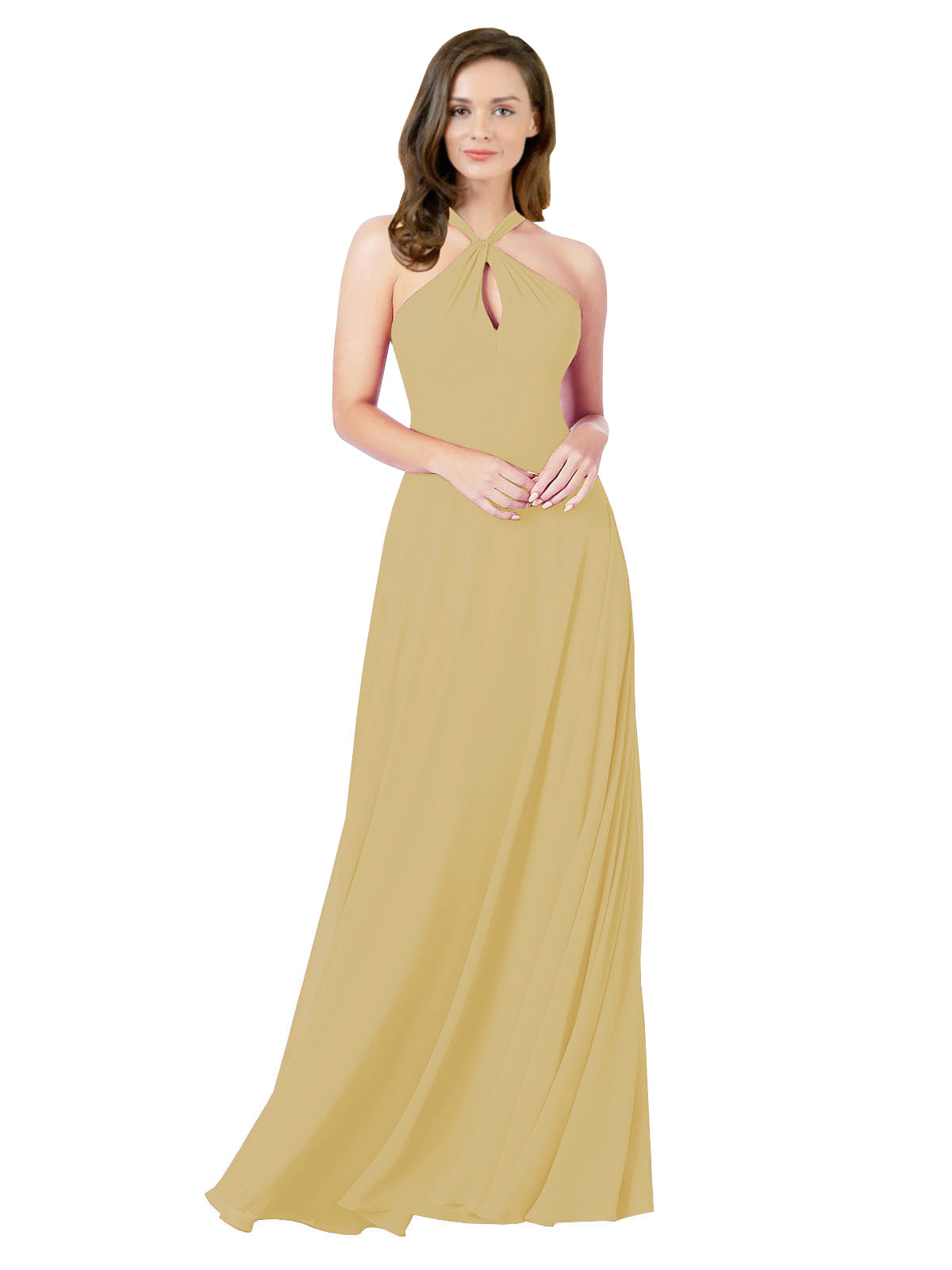 Gold A-Line Halter Sleeveless Long Bridesmaid Dress Chandler