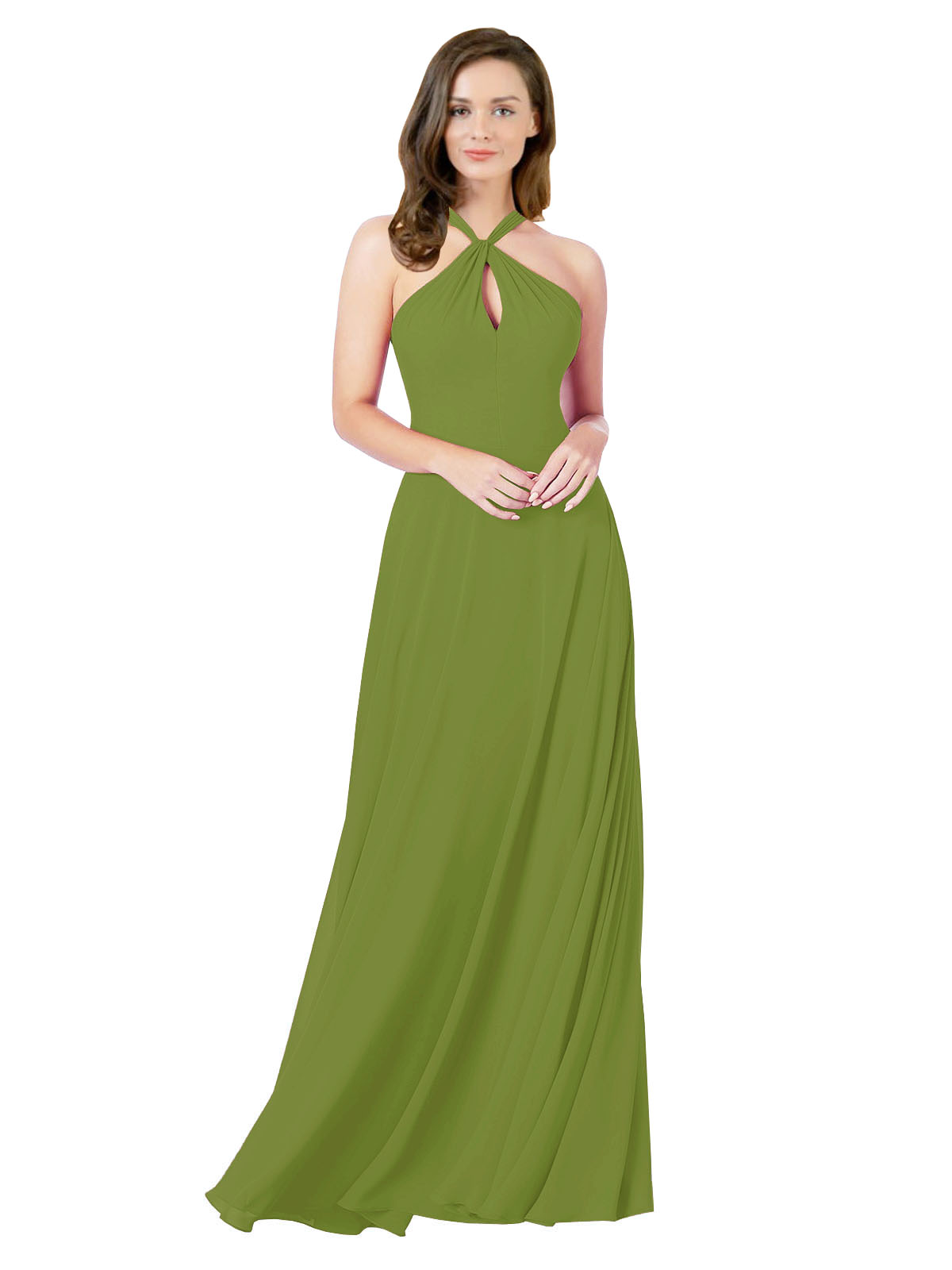 Olive Green A-Line Halter Sleeveless Long Bridesmaid Dress Chandler