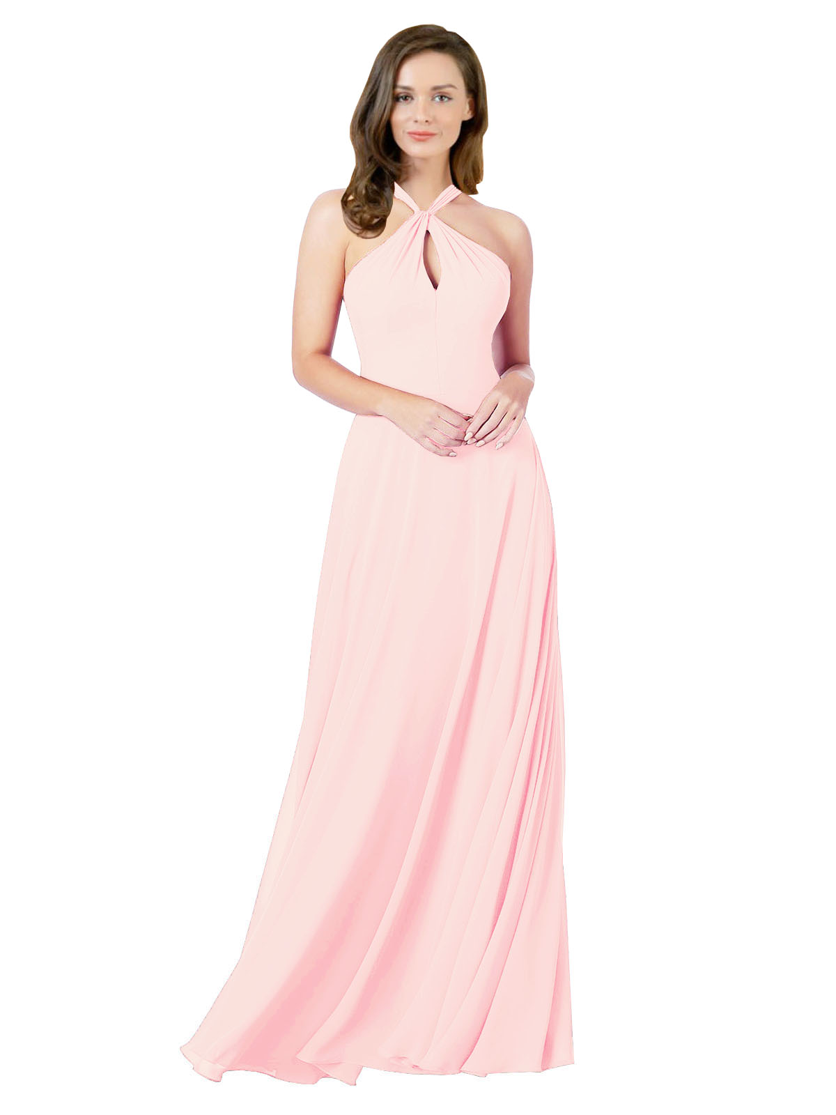 Pink A-Line Halter Sleeveless Long Bridesmaid Dress Chandler