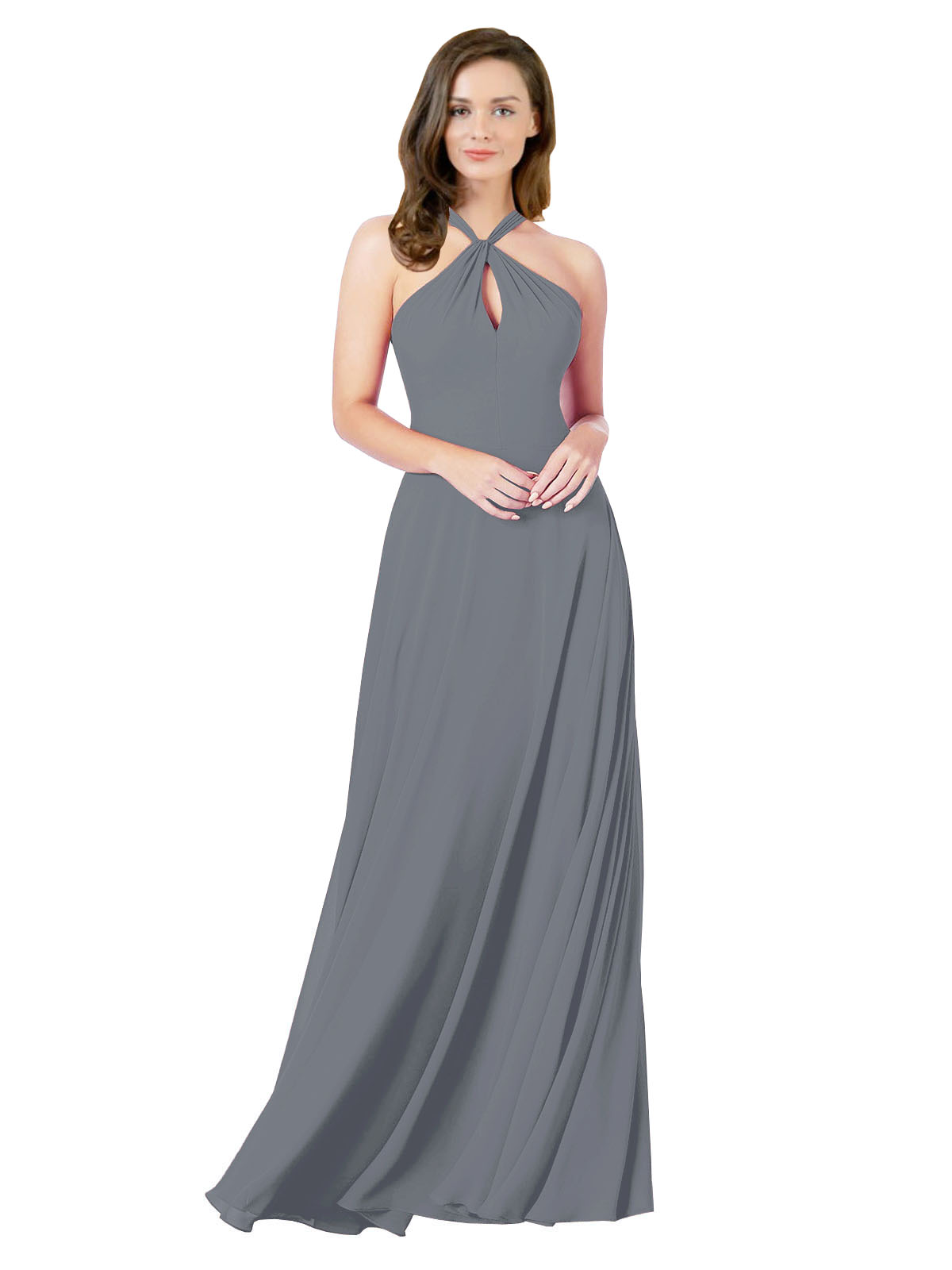 Slate Grey A-Line Halter Sleeveless Long Bridesmaid Dress Chandler