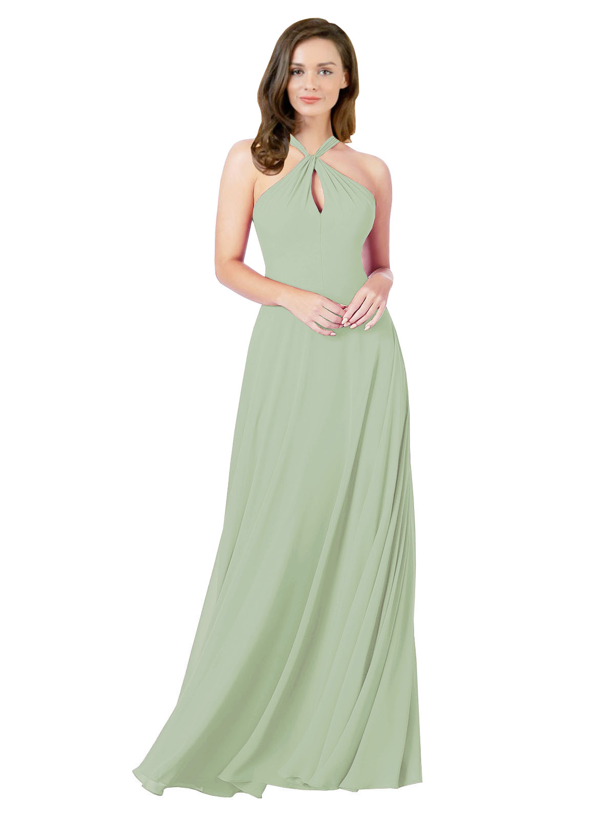 Smoke Green A-Line Halter Sleeveless Long Bridesmaid Dress Chandler