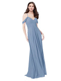 RightBrides Ursula Dusty Blue A-Line Sweetheart V-Neck Sleeveless Long Bridesmaid Dress
