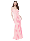 RightBrides Ursula Pink A-Line Sweetheart V-Neck Sleeveless Long Bridesmaid Dress