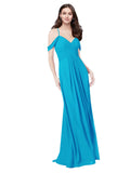 RightBrides Ursula Turquoise A-Line Sweetheart V-Neck Sleeveless Long Bridesmaid Dress