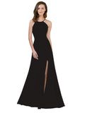 RightBrides Themi Black A-Line High Neck Jewel Sleeveless Long Bridesmaid Dress with Keyhole Back