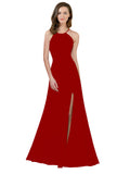 RightBrides Themi Burgundy A-Line High Neck Jewel Sleeveless Long Bridesmaid Dress with Keyhole Back