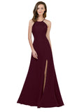 RightBrides Themi Burgundy Gold A-Line High Neck Jewel Sleeveless Long Bridesmaid Dress with Keyhole Back