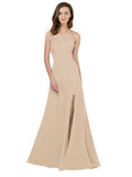RightBrides Themi Champagne A-Line High Neck Jewel Sleeveless Long Bridesmaid Dress with Keyhole Back