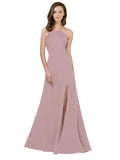 RightBrides Themi Dusty Pink A-Line High Neck Jewel Sleeveless Long Bridesmaid Dress with Keyhole Back