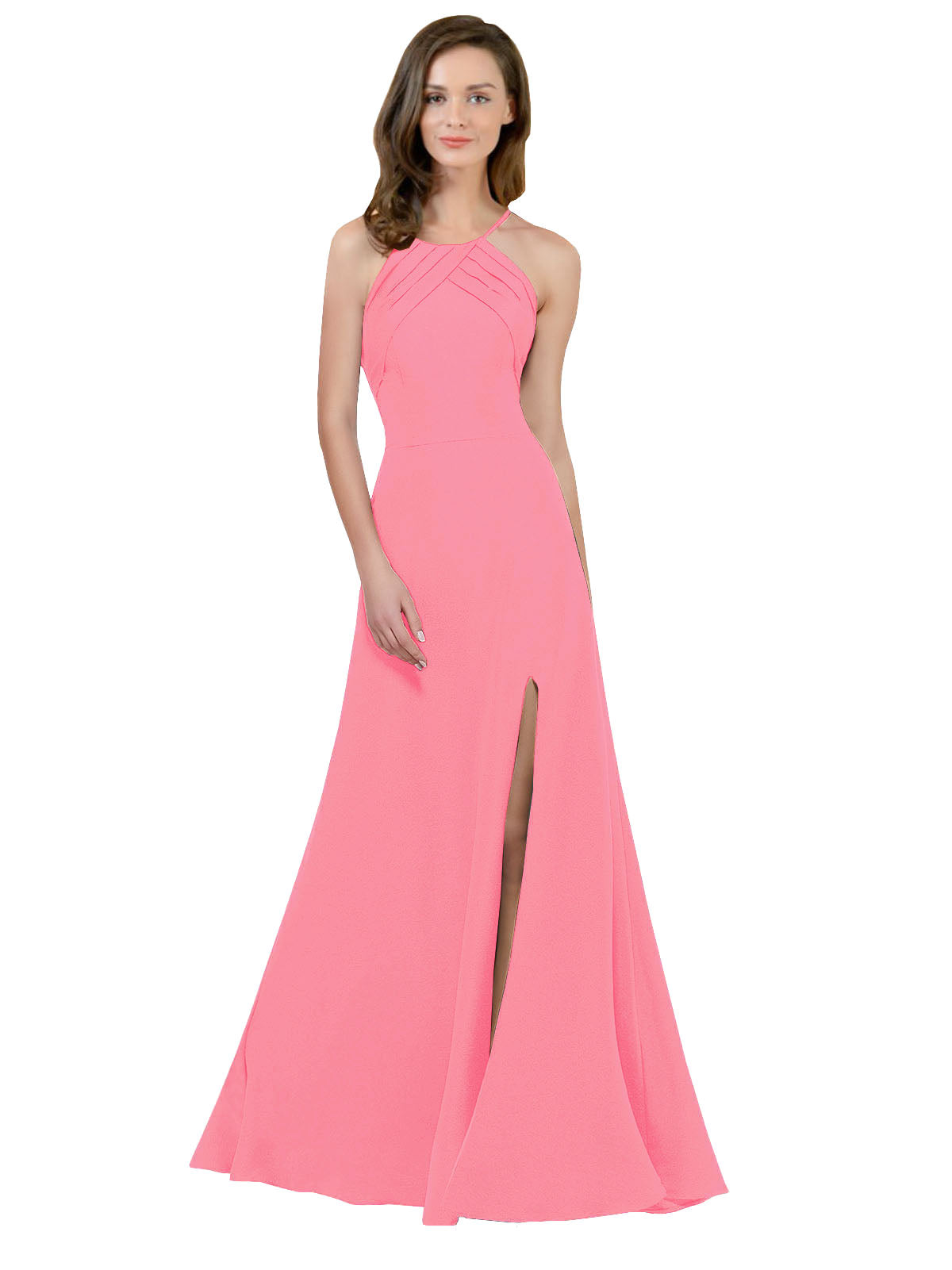 Hot Pink A-Line High Neck Jewel Sleeveless Long Bridesmaid Dress Themi with Keyhole Back