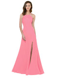 RightBrides Themi Hot Pink A-Line High Neck Jewel Sleeveless Long Bridesmaid Dress with Keyhole Back