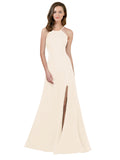 RightBrides Themi Light Champagne A-Line High Neck Jewel Sleeveless Long Bridesmaid Dress with Keyhole Back