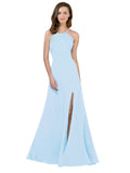 Light Sky Blue A-Line High Neck Jewel Sleeveless Long Bridesmaid Dress Themi with Keyhole Back