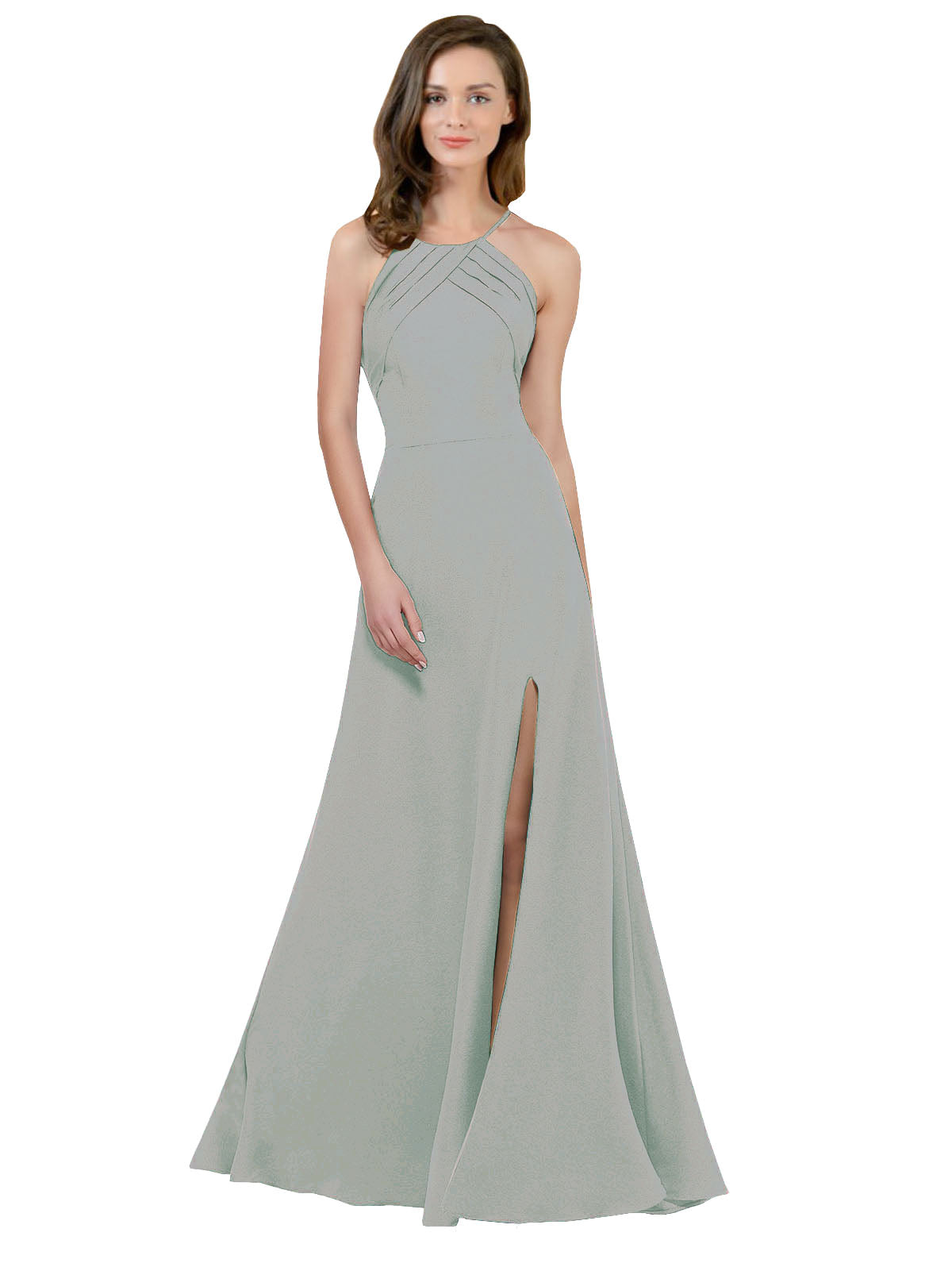 Oyster Silver A-Line High Neck Jewel Sleeveless Long Bridesmaid Dress Themi with Keyhole Back