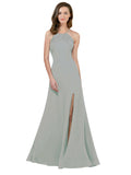 RightBrides Themi Oyster Silver A-Line High Neck Jewel Sleeveless Long Bridesmaid Dress with Keyhole Back