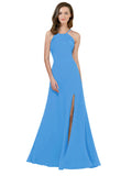 RightBrides Themi Peacock Blue A-Line High Neck Jewel Sleeveless Long Bridesmaid Dress with Keyhole Back