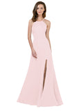 RightBrides Themi Pink A-Line High Neck Jewel Sleeveless Long Bridesmaid Dress with Keyhole Back