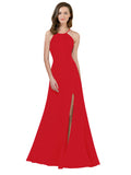 Red A-Line High Neck Jewel Sleeveless Long Bridesmaid Dress Themi with Keyhole Back