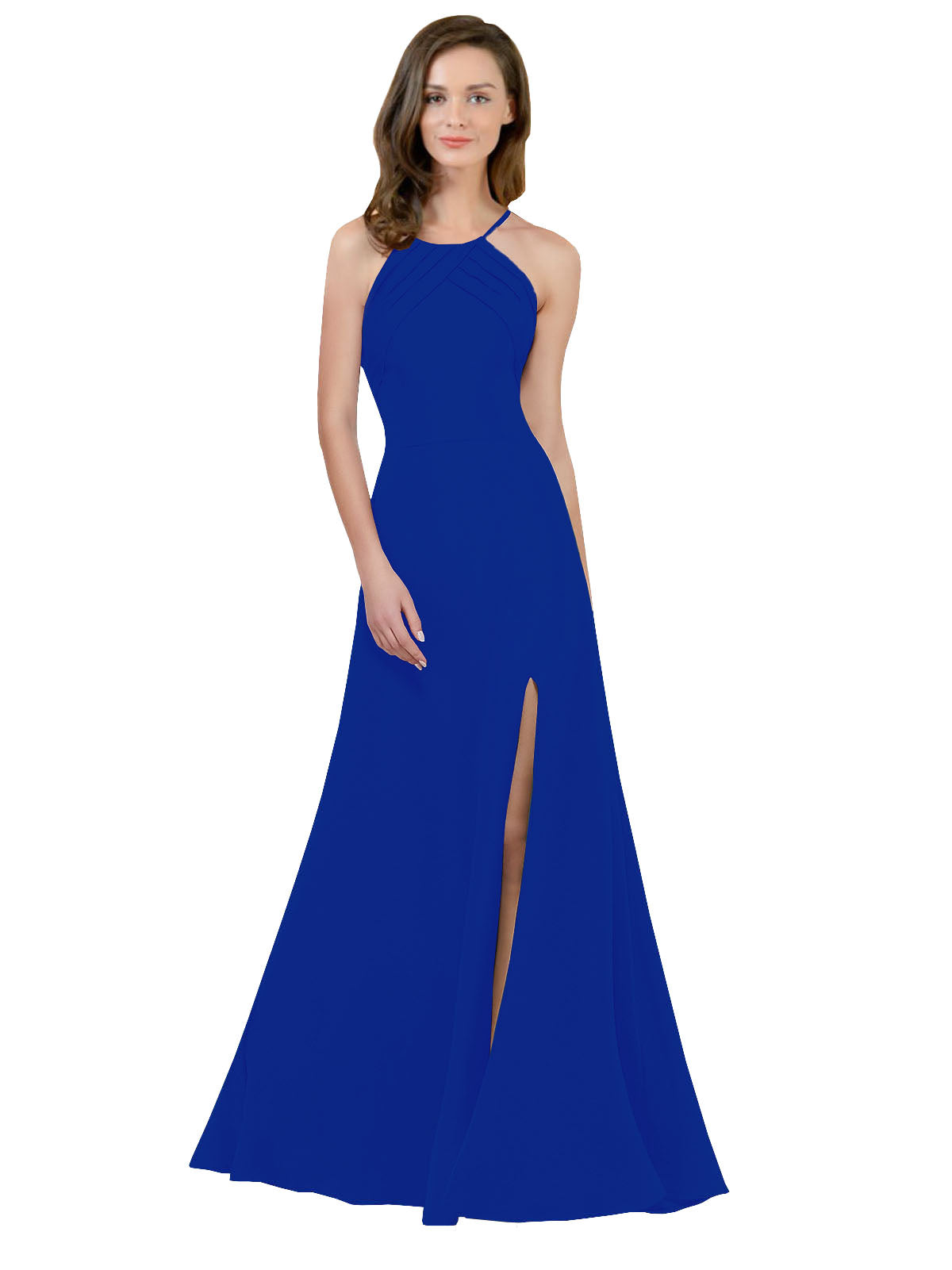 Royal Blue A-Line High Neck Jewel Sleeveless Long Bridesmaid Dress Themi with Keyhole Back