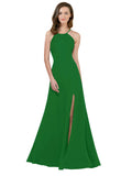 RightBrides Themi Shamrock Green A-Line High Neck Jewel Sleeveless Long Bridesmaid Dress with Keyhole Back