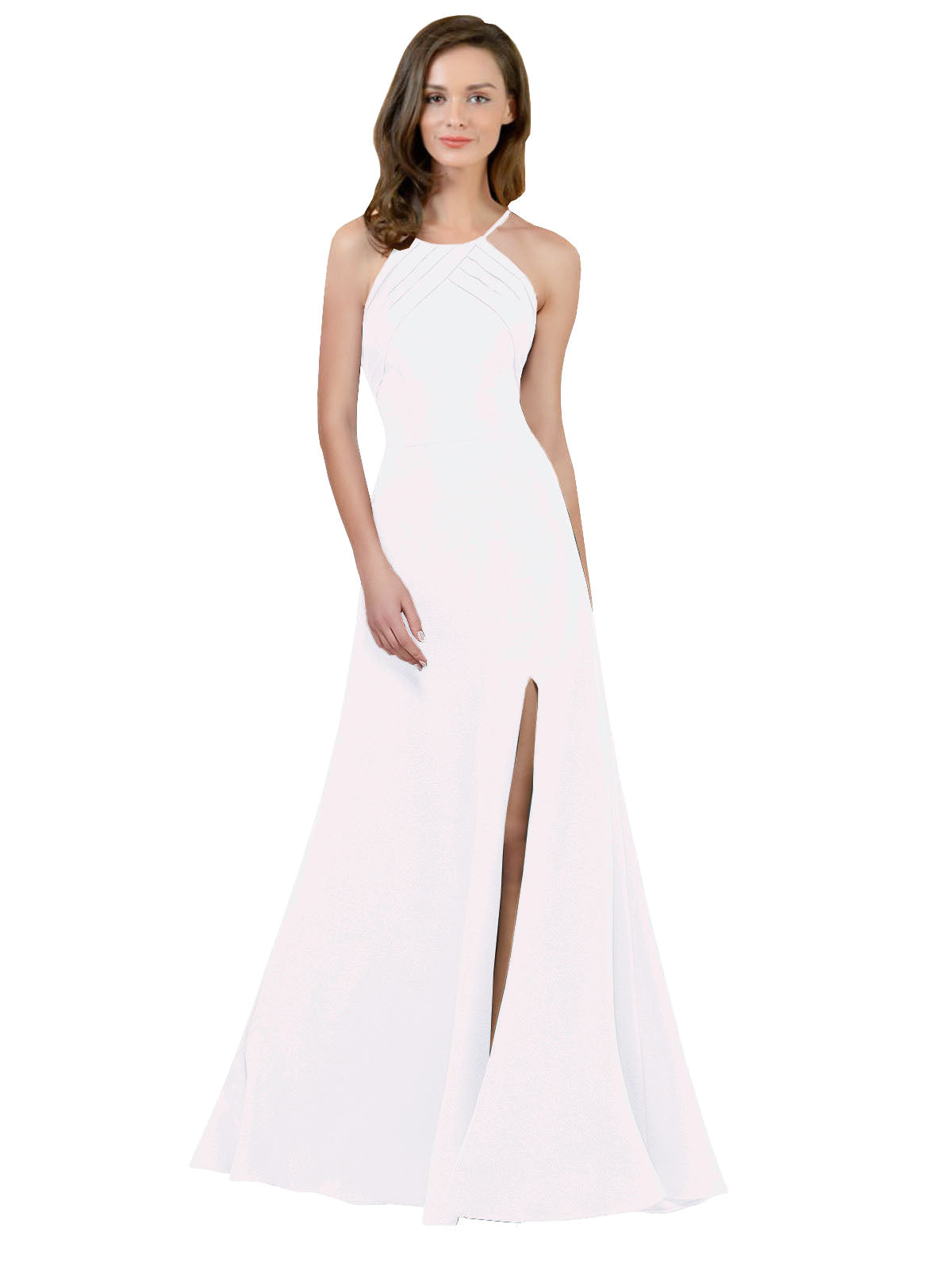 White A-Line High Neck Jewel Sleeveless Long Bridesmaid Dress Themi with Keyhole Back