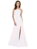 RightBrides Themi White A-Line High Neck Jewel Sleeveless Long Bridesmaid Dress with Keyhole Back
