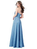 Sky Blue Sheath Square, Spaghetti Straps Long Satin Bridesmaid Dress Prima