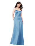 Sky Blue Sheath Square, Spaghetti Straps Long Satin Bridesmaid Dress Prima