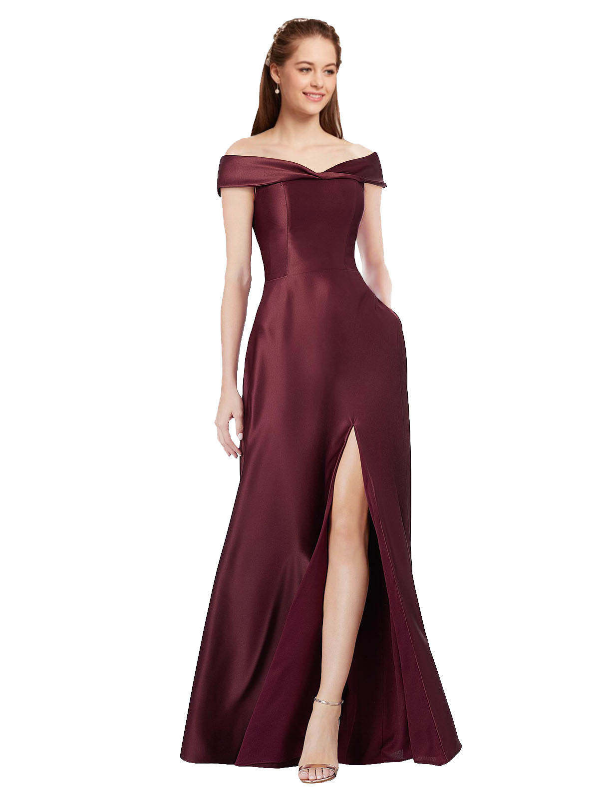 Burgundy Gold A-Line Strapless, Off the Shoulder Long Satin Bridesmaid Dress Ula