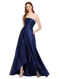 RightBrides Merry Dark Navy A-Line Strapless Long Satin Bridesmaid Dress