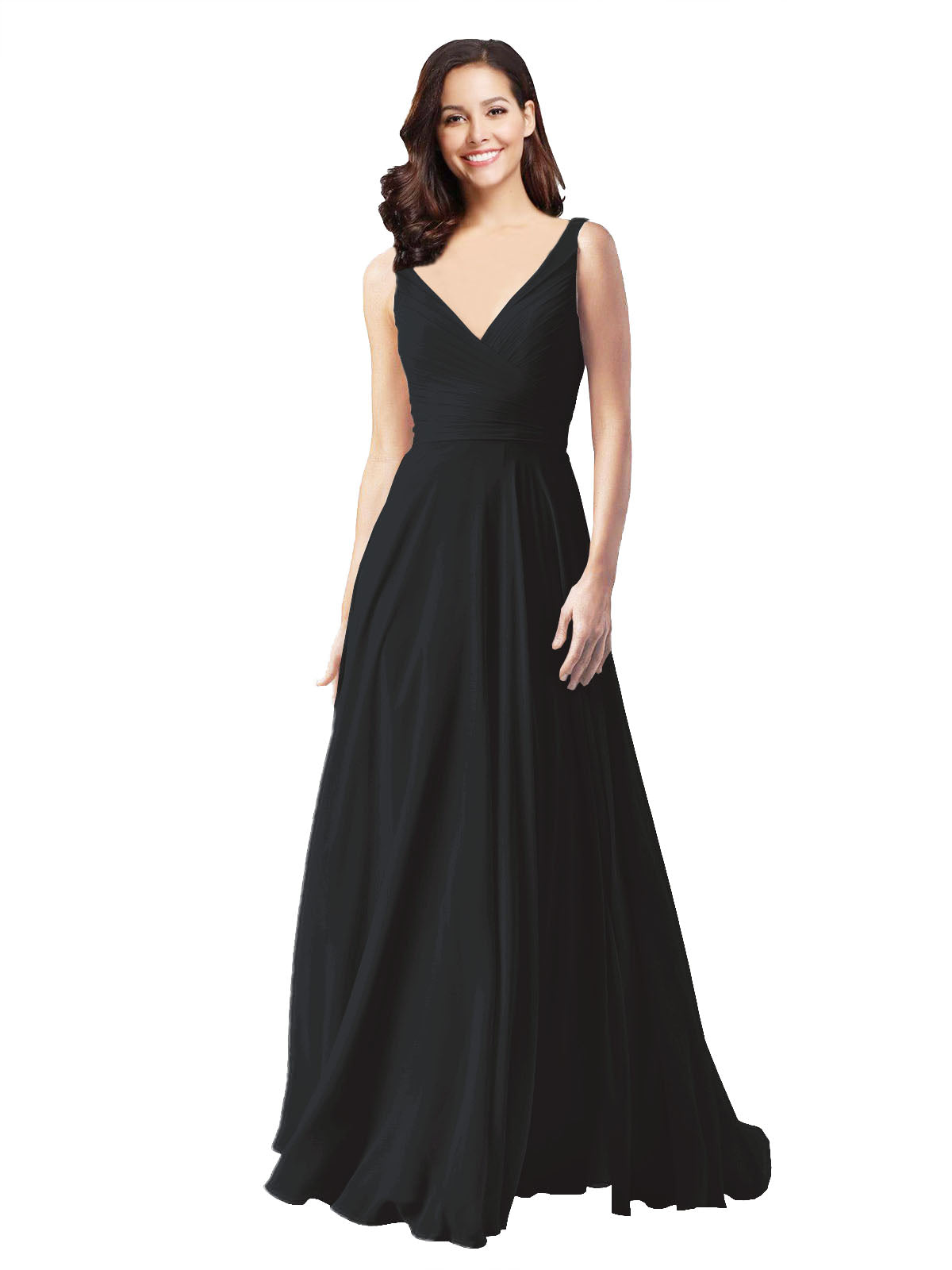 Long A-Line V-Neck Sleeveless Black Chiffon Bridesmaid Dress Bernice