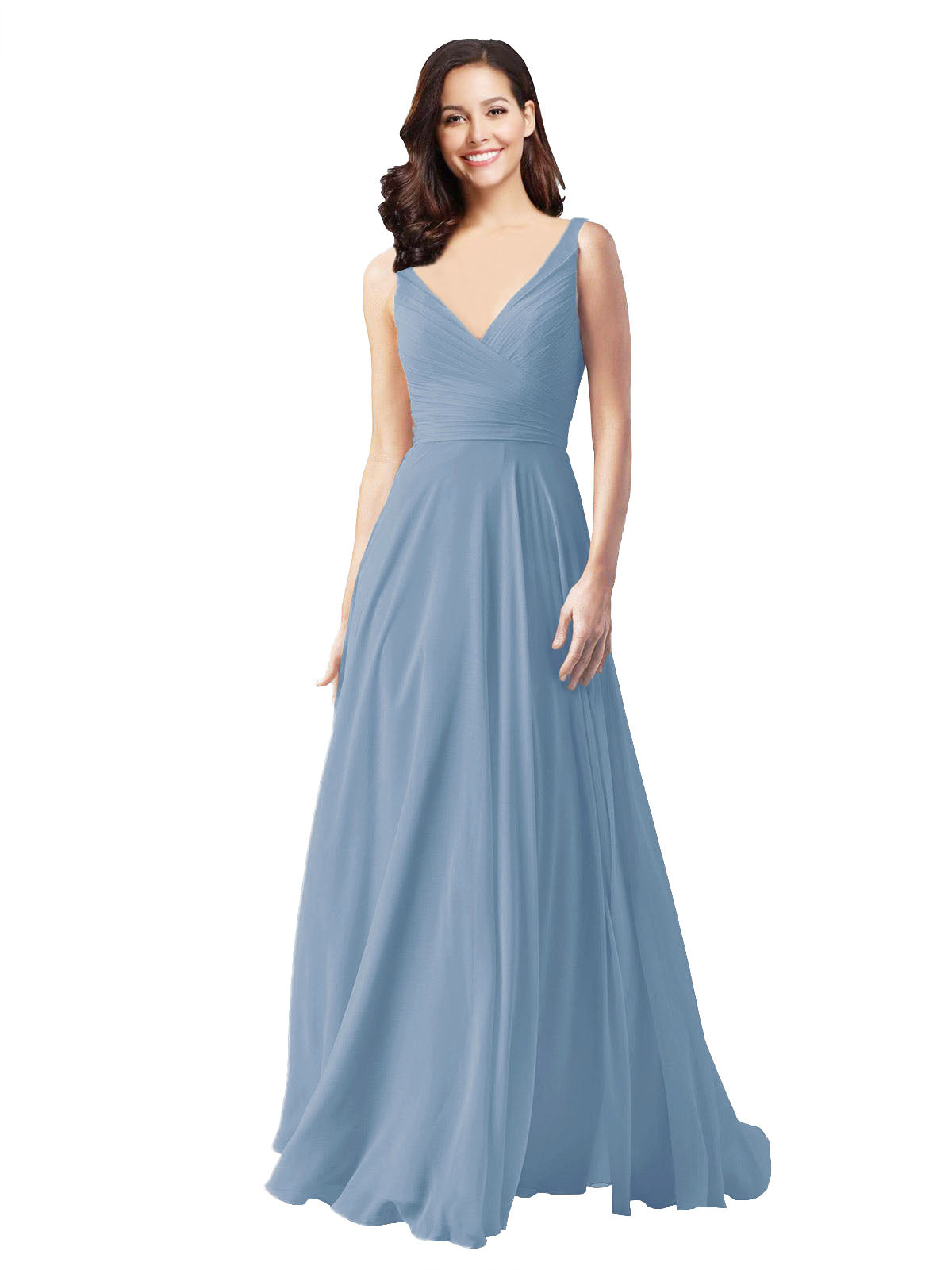 Long A-Line V-Neck Sleeveless Dusty Blue Chiffon Bridesmaid Dress Bernice