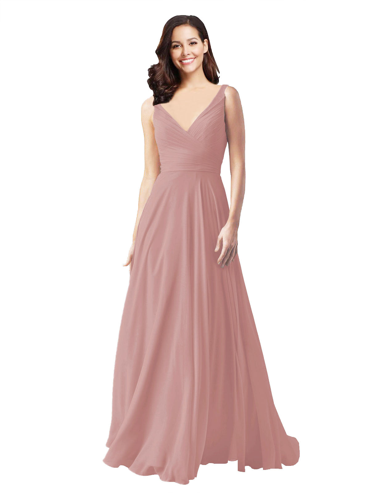 Long A-Line V-Neck Sleeveless Dusty Pink Chiffon Bridesmaid Dress Bernice