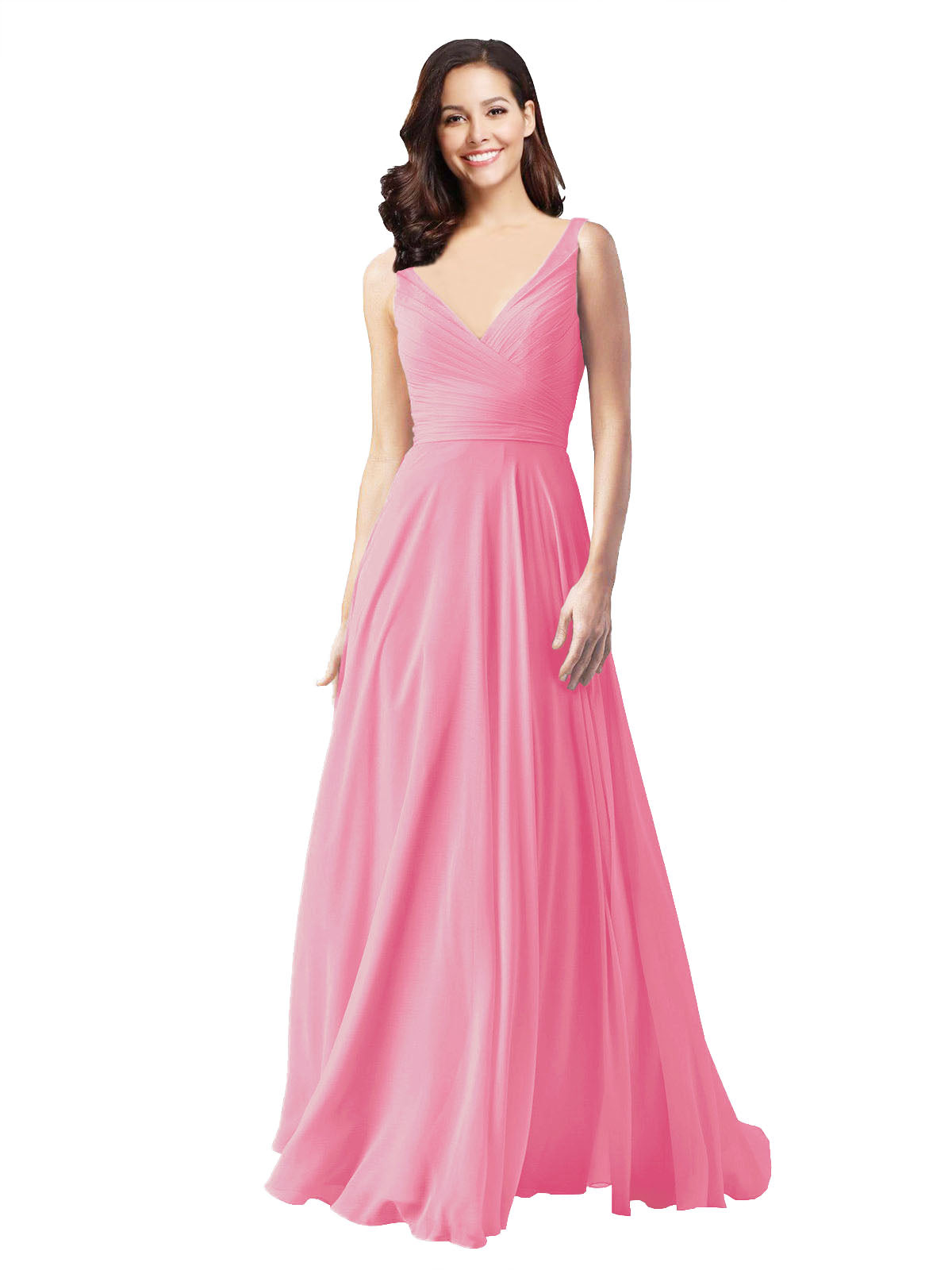 Long A-Line V-Neck Sleeveless Hot Pink Chiffon Bridesmaid Dress Bernice