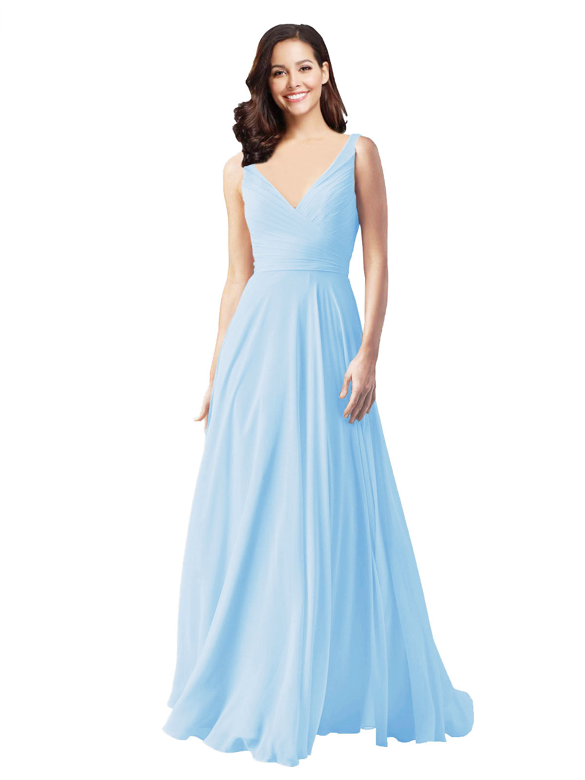 Long A-Line V-Neck Sleeveless Light Sky Blue Chiffon Bridesmaid Dress Bernice