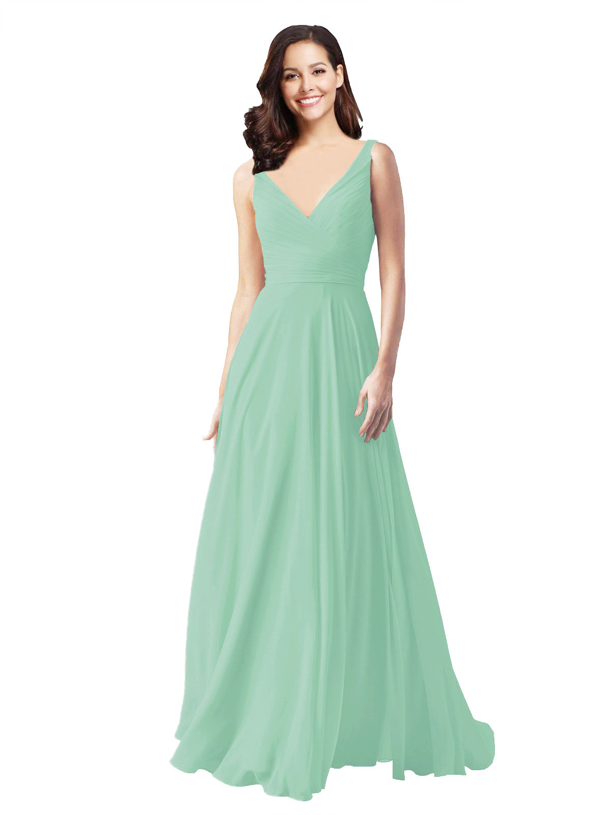 Long A-Line V-Neck Sleeveless Mint Green Chiffon Bridesmaid Dress Bernice