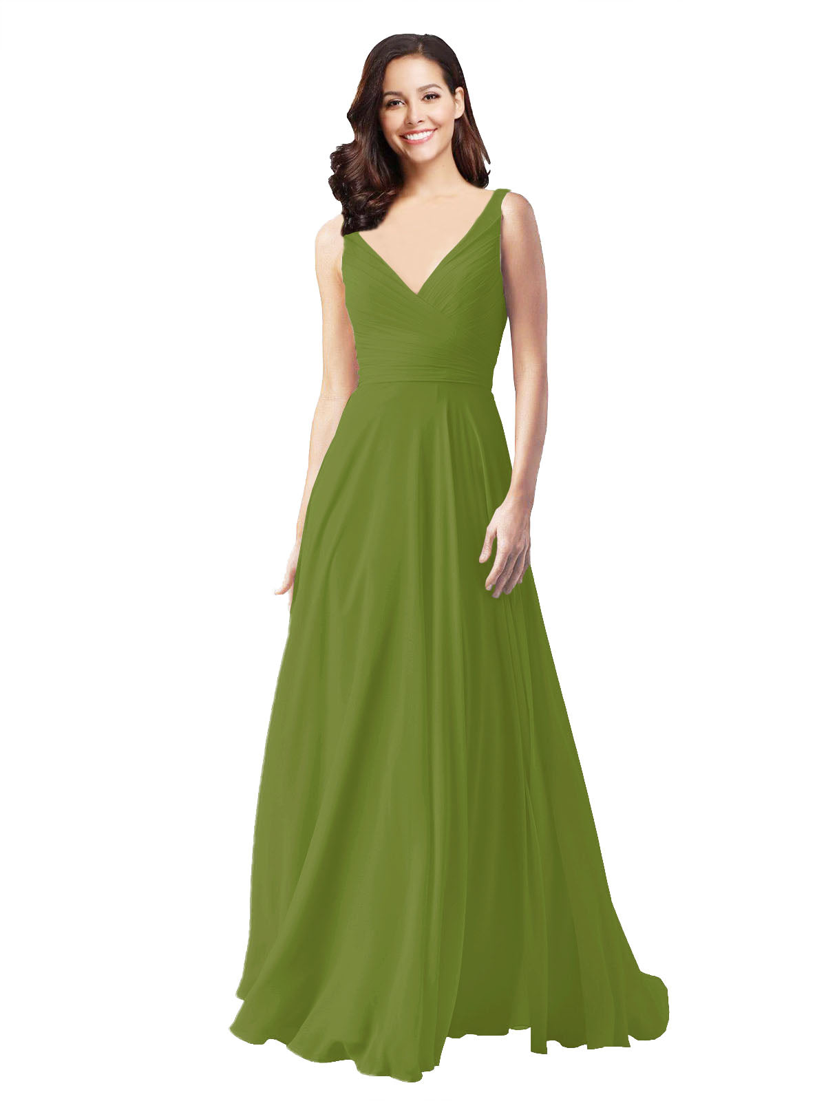 Long A-Line V-Neck Sleeveless Olive Green Chiffon Bridesmaid Dress Bernice