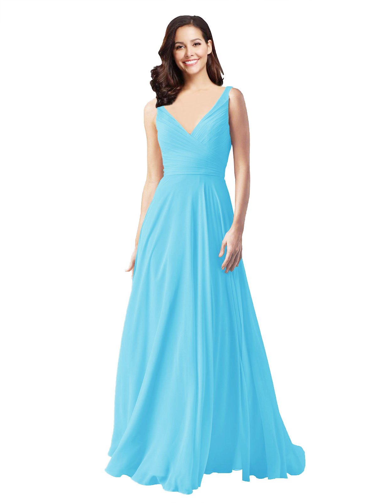 Long A-Line V-Neck Sleeveless Sky Blue Chiffon Bridesmaid Dress Bernice