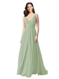 Long A-Line V-Neck Sleeveless Smoke Green Chiffon Bridesmaid Dress Bernice