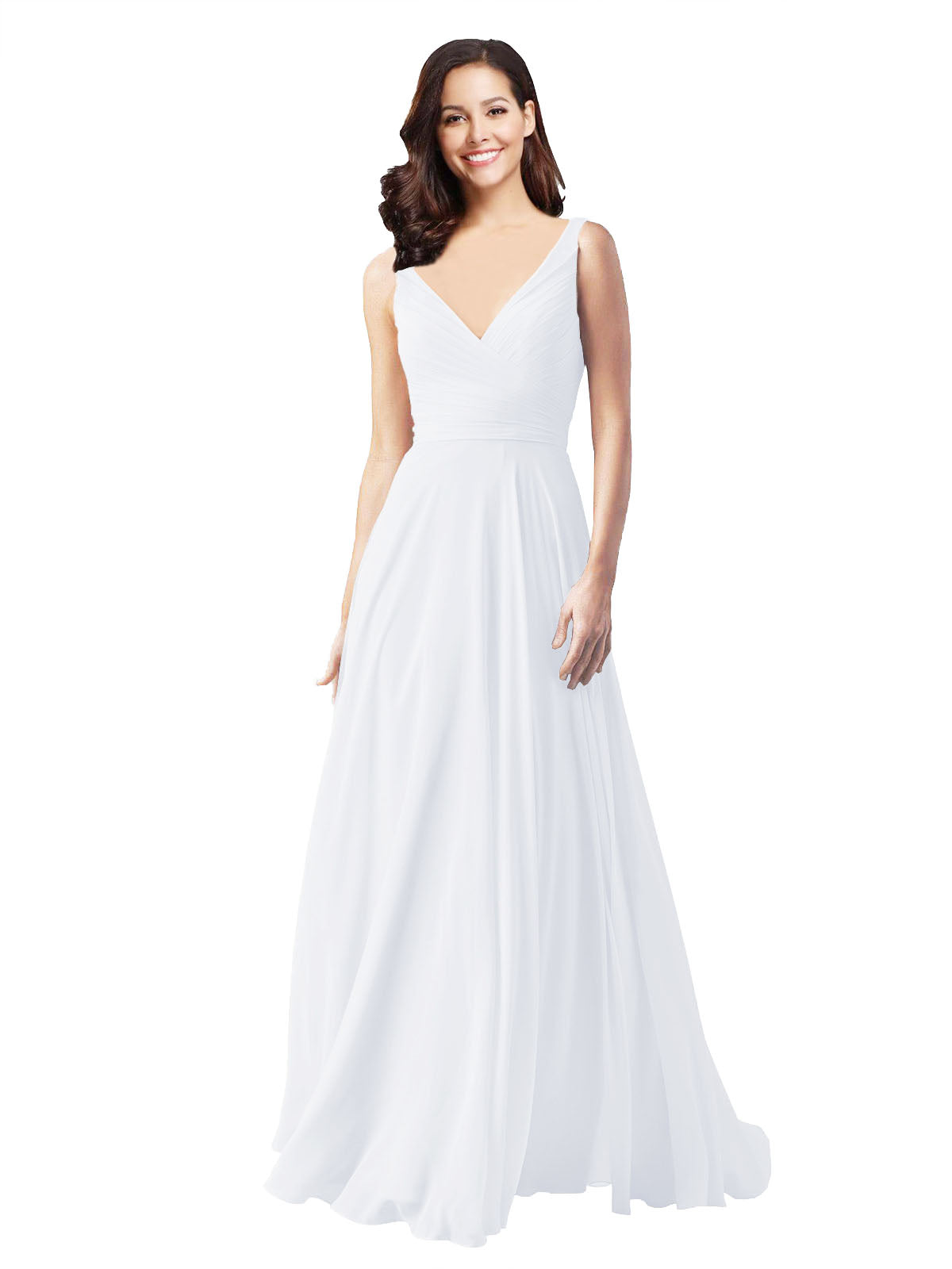 Long A-Line V-Neck Sleeveless White Chiffon Bridesmaid Dress Bernice