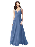 Long A-Line V-Neck Sleeveless Windsor Blue Chiffon Bridesmaid Dress Bernice