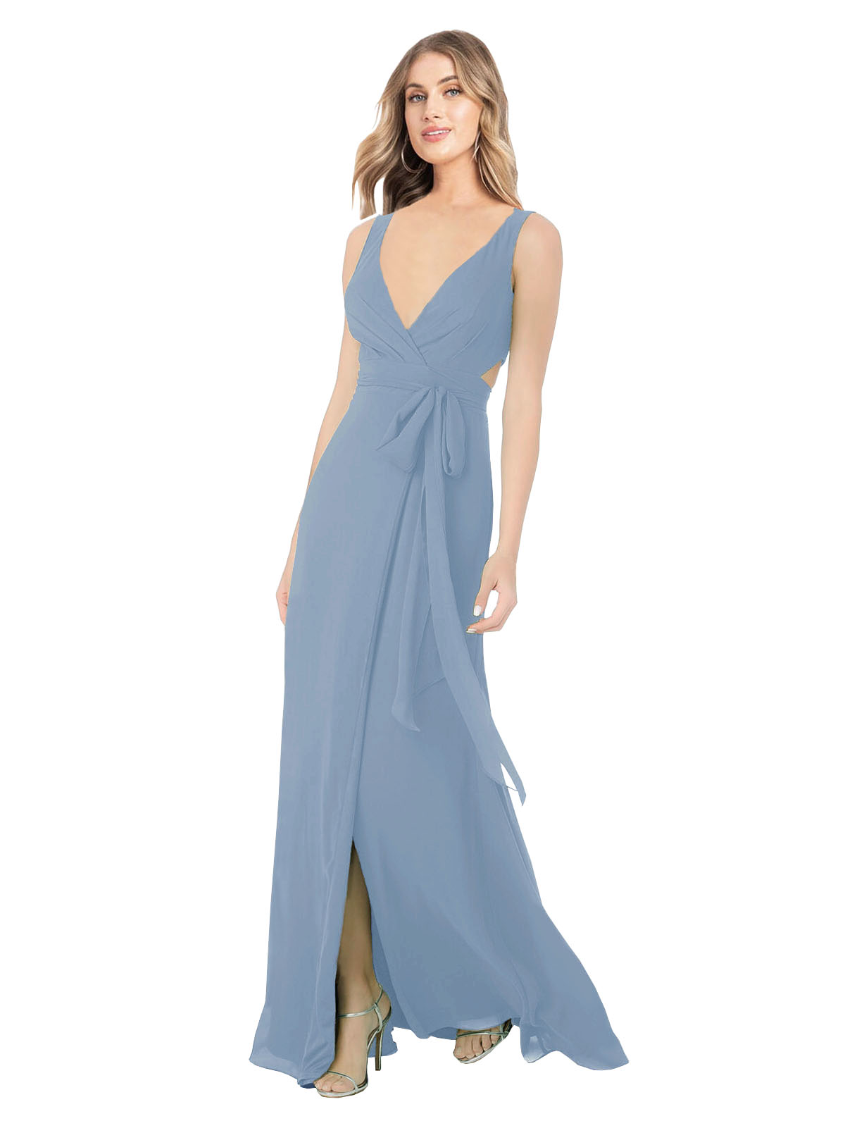 Dusty Blue A-Line V-Neck Sleeveless Long Bridesmaid Dress Petra