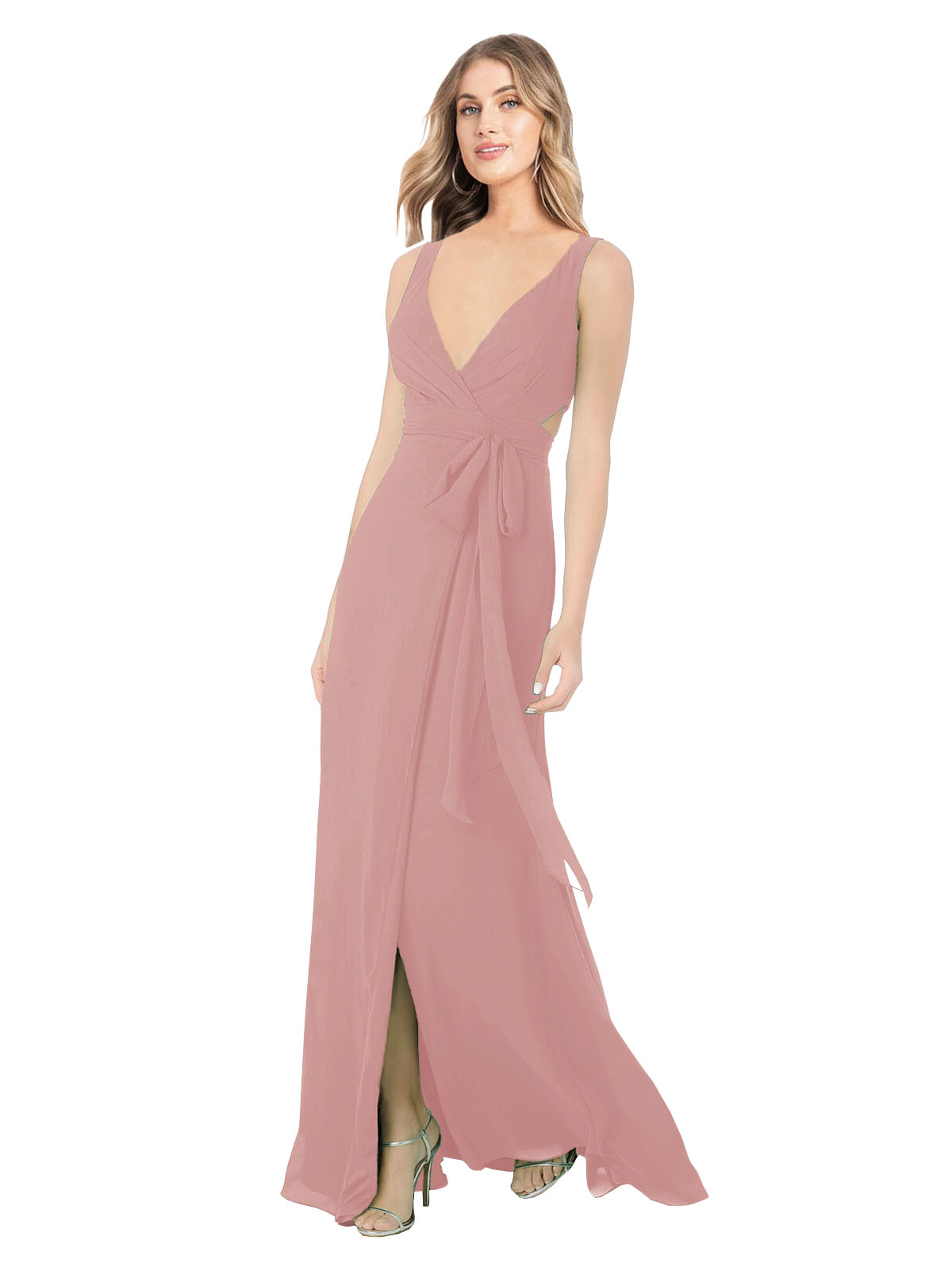 Dusty Pink A-Line V-Neck Sleeveless Long Bridesmaid Dress Petra