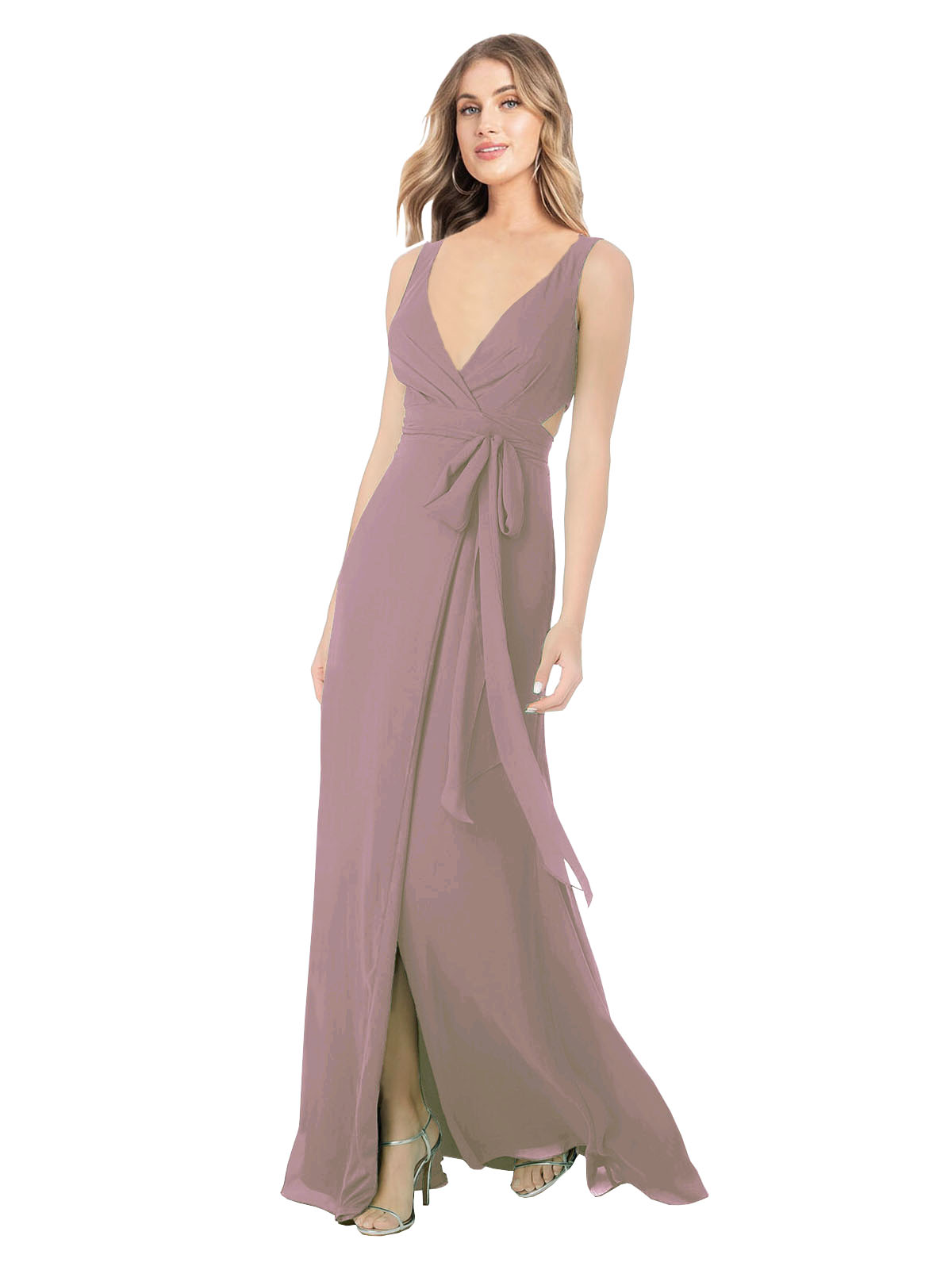 Dusty Rose A-Line V-Neck Sleeveless Long Bridesmaid Dress Petra