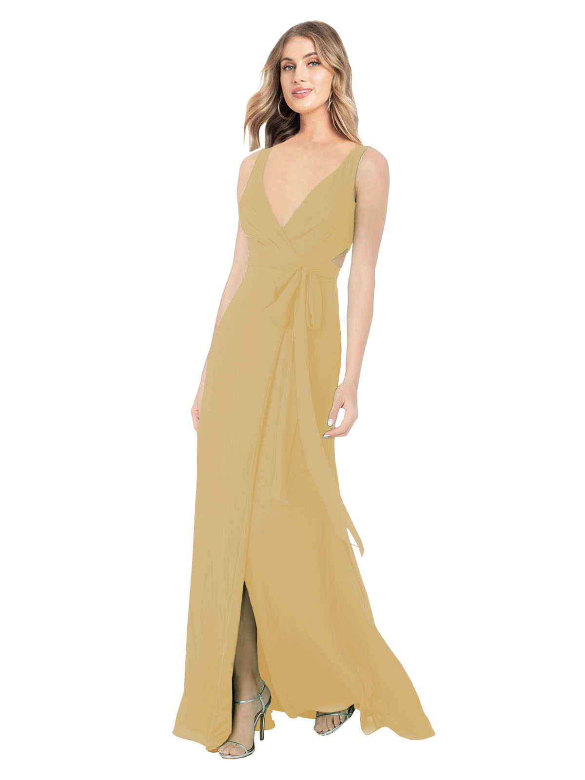 Gold A-Line V-Neck Sleeveless Long Bridesmaid Dress Petra